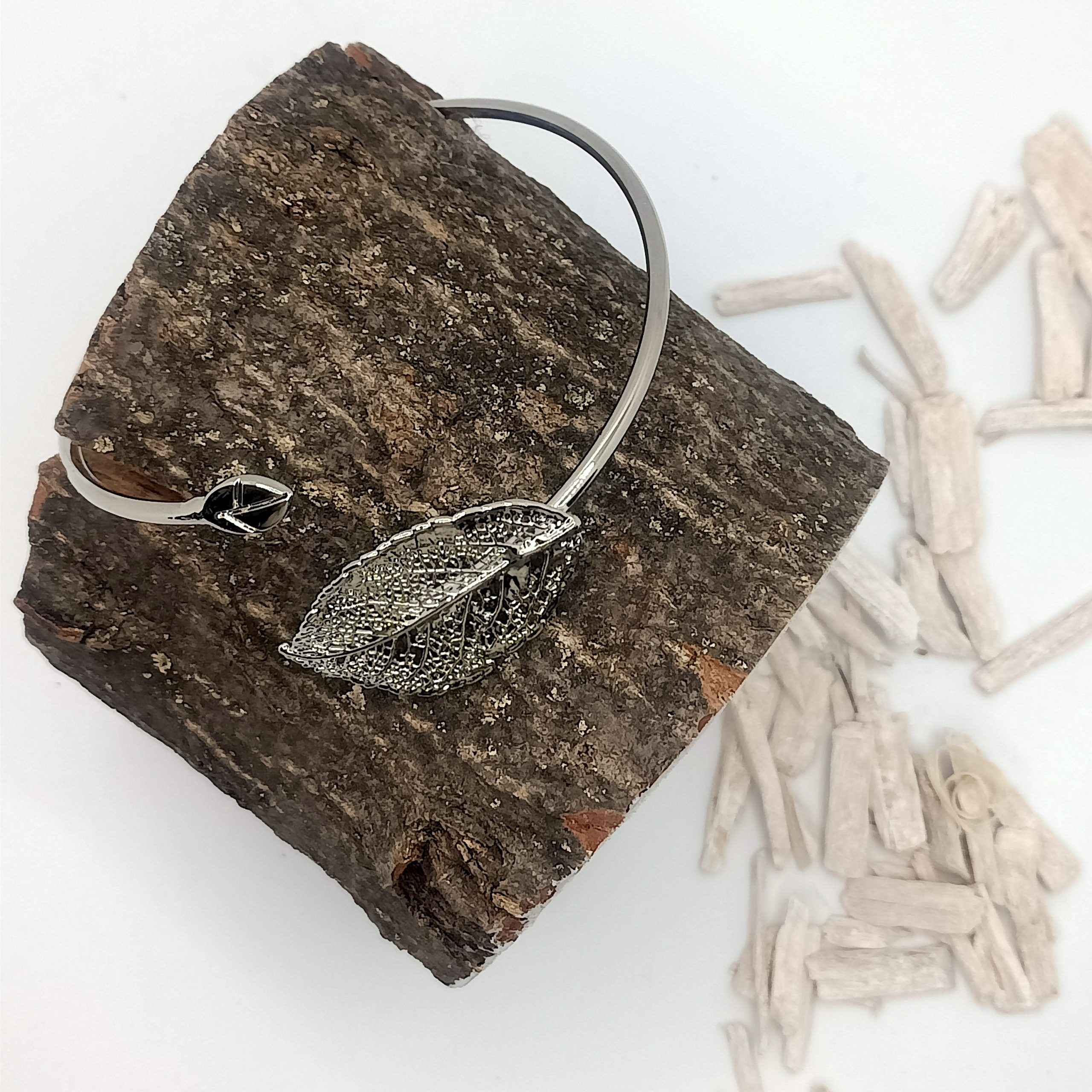 Bracciale Rigido Foglia Betulla Naturale Palladio - immagine 2